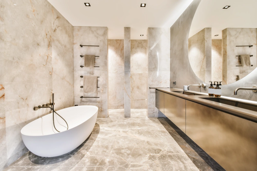 Luxury bathroom interior with warm ambient lighting